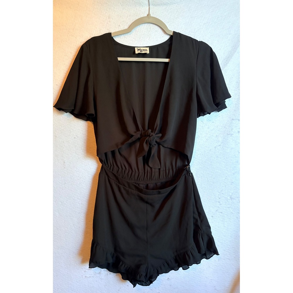 Show Me Your Mumu Riviera Romper Black Tie Front‎ Ruffle Hem Mini Medium
